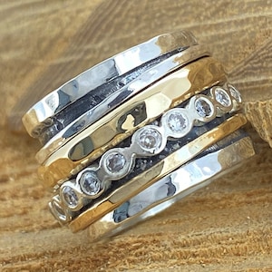Silver and Gold Filled Spinner Ring with Zircon Stones, Wide Wedding Ring for Women, Silver Band Ring, Boho Spinning Ring, Meditation Ring,
