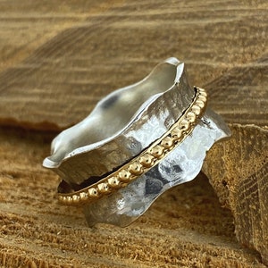 Silver Wedding Band For Women, Gold And Silver Spinner Ring, Meditation Ring, Wide Ring, Fidget Spinning Ring, Statement Rings, Dots Ring
