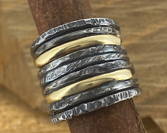 Oxidized Ring, Silver and 14K Gold Spinner Ring, Mixed Metal Ring, Unique Wide Band Ring, Two Tone Ring, Silver Wedding Band, Boho Ring