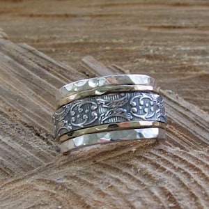 Wide gold and silver vintage anxiety ring spinner | Meditation fidget ring
