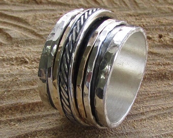 Textured Sterling Silver Ring, Spinner ring, Wide Spinner Band, Fidget ring, meditation ring, Spinner ring, Hammered ring, Boho Jewelry