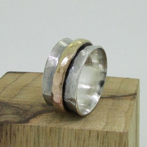 Silver and Gold Ring, Meditation Ring, Two Tone Ring, Wide Wedding Ring, Gold Fidget Ring, Hammered Ring, Unique Spinner Rings, Bride Ring