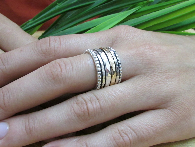 14K Gold & Silver Spinner Ring for Women, Wide Wedding Band, Two Tone Spinning Ring, Boho Dots Ring, Meditation Ring, Chunky Hammered Ring image 3