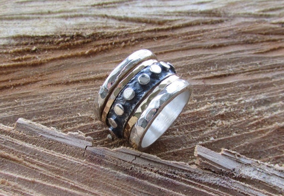 Spinner Rings for Women, Meditation Ring, Unisex Silver Ring, Wide Band Ring, Mixed Metal Ring, Spinning Ring, Two Tone Ring, Gothic Ring