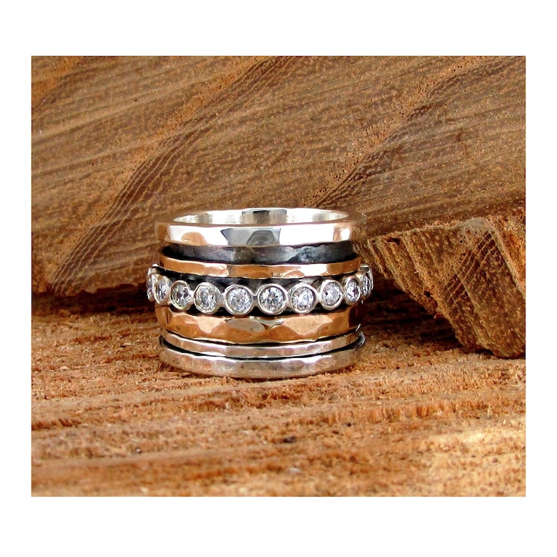 Boho Spinner Ring Wide Wedding Band Zircon Spinner Ring Etsy