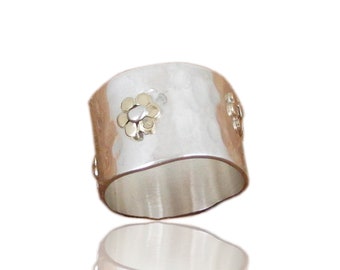 flower ring ,Sterling Silver & gold,Thick Silver Ring, Wide  Floral Ring,Golden,Romantic Jewelry,Israeli design,Two Tone,solid 14K,Hammered