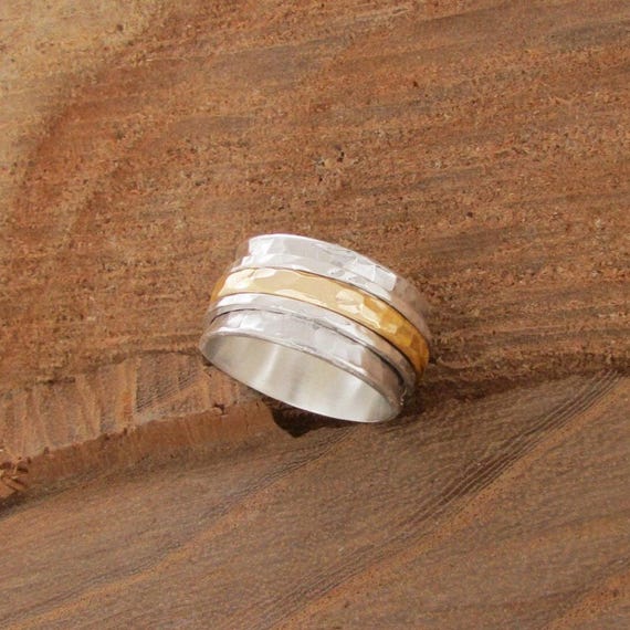 14k Gold filled & Sterling Silver 925 Spinner Ring Spinner Wedding Band, Wide Band Ring, Fidget Ring, Meditation, boho, Statement Hammered
