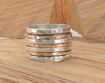 Gouden en zilveren ring, spinnerringen voor vrouwen, brede trouwring, tweekleurige ring, brede zilveren ring, meditatiering, cadeaus voor haar