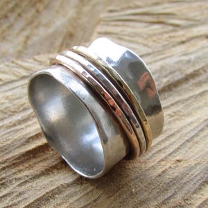 Spinner Silberring, 925 Sterling Silber, Spinner Meditation Ringe für Frauen, gehämmerter Ring, Gold gefüllter Spinner Ring, breiter Ring