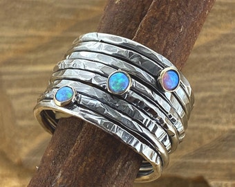 Large Opal Ring, 14k Gold and Silver Ring, Turquoise Opal Gemstone Ring, Wide Silver Ring, Chunky Ring for Women, Bohemian Ring, Gipsy Ring