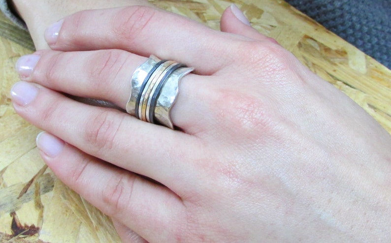 Unique Ring Spinner Rings For Women, Oxidized Jewelry, Sterling Silver Band, Statement Ring, Wide Band Ring, Meditation Ring, Hammered Ring image 3