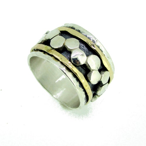 Silver Beehive Ring, Two Toned Wide Band shops Ring, Spinner Meditation Rings, Hammered Ring, Rings For Women, Unique Handmade Jewelry