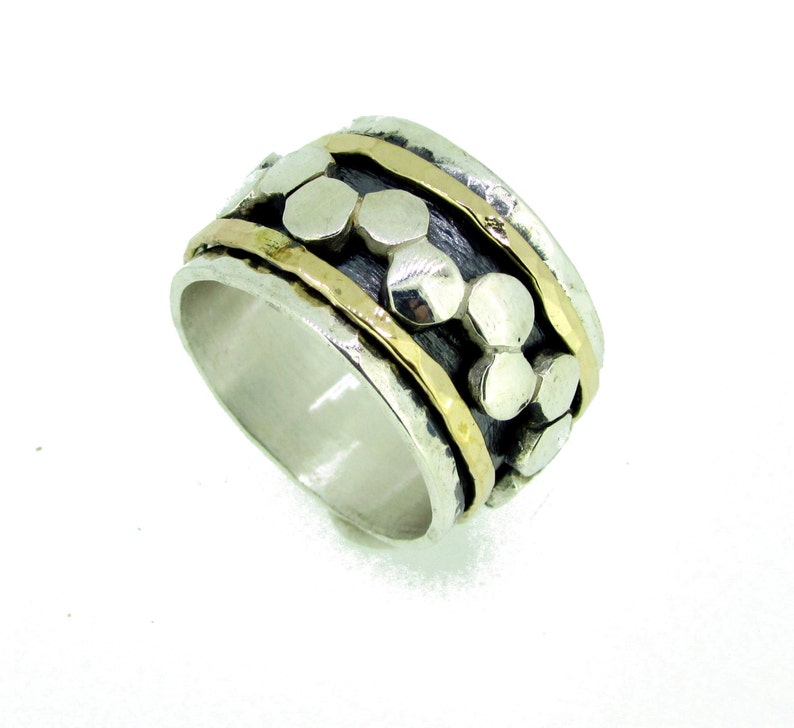 Silver Beehive Ring, Two Toned Wide Band shops Ring, Spinner Meditation Rings, Hammered Ring, Rings For Women, Unique Handmade Jewelry