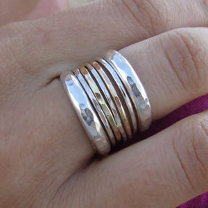 Statement Mixed Metal Stacking Rings, Sterling Silver and 14k Gold Rings, Handmade Hammered Stackable Rings, Boho Jewelry