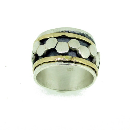 Silver Beehive Ring, Two Toned Wide Band shops Ring, Spinner Meditation Rings, Hammered Ring, Rings For Women, Unique Handmade Jewelry