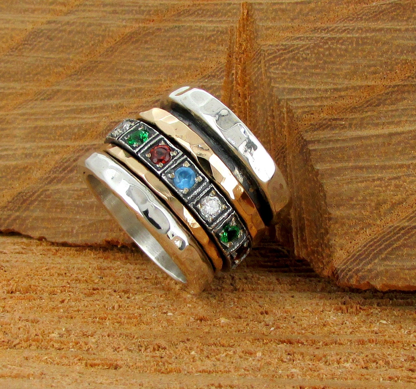 Colorful Stone Ring, Multi-stone Spinner Ring, Unique Silver Ring, 9K ...