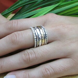 14K Gold & Silver Spinner Ring for Women, Wide Wedding Band, Two Tone Spinning Ring, Boho Dots Ring, Meditation Ring, Chunky Hammered Ring image 8