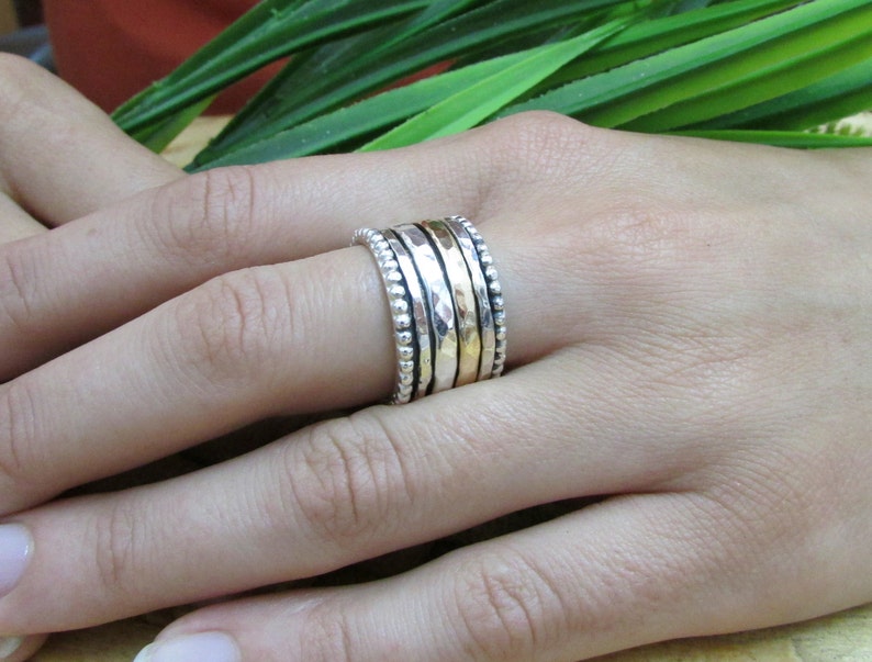 14K Gold & Silver Spinner Ring for Women, Wide Wedding Band, Two Tone Spinning Ring, Boho Dots Ring, Meditation Ring, Chunky Hammered Ring image 8