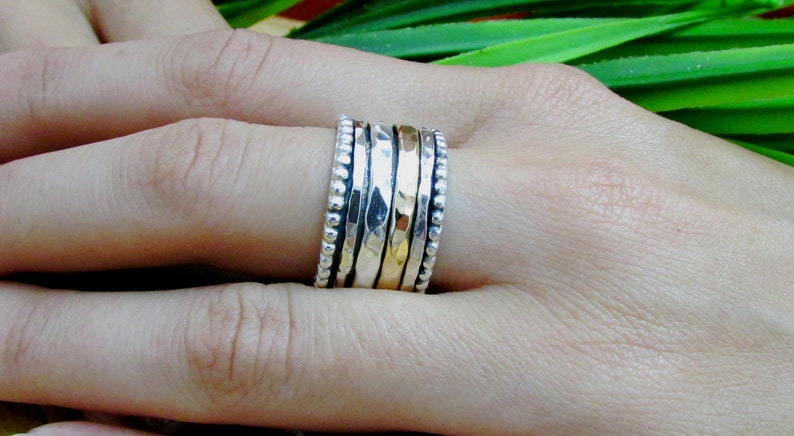 14K Gold & Silver Spinner Ring for Women, Wide Wedding Band, Two Tone Spinning Ring, Boho Dots Ring, Meditation Ring, Chunky Hammered Ring image 5