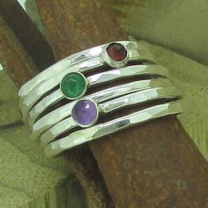 Stacking Ring, Skinny, Solitare, Minimal, Gift For Her, Hammered, Textured, Sterling Silver, Gemstone, Modern, Trendy, Stacking, Emerald