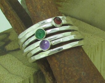 Stacking Ring, Skinny, Solitare, Minimal, Gift For Her, Hammered, Textured, Sterling Silver, Gemstone, Modern, Trendy, Stacking, Emerald