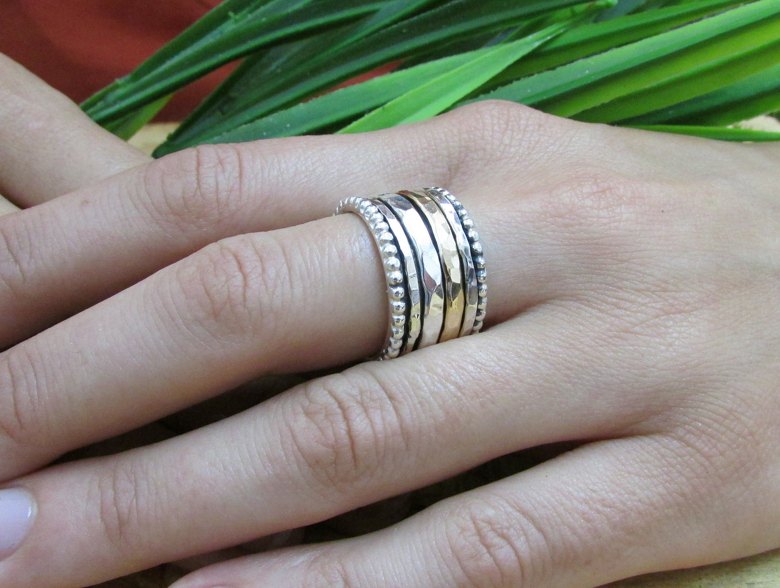 14k Gold and Silver Spinner Ring, Wide Wedding Bands, Meditation Ring ...
