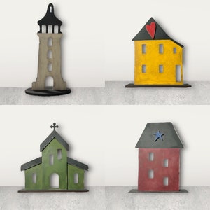 Saltbox Houses | Shelf Sitter | Primitive Decor | Primitive Chapel | Primitive Lighthouse | Primitive Saltboxes