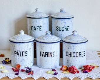 Set of 5 French Vintage Canisters, Vintage Canister Set, Vintage Enamelware, Blue and White Enamel, Enamel Containers, Vintage Enamel
