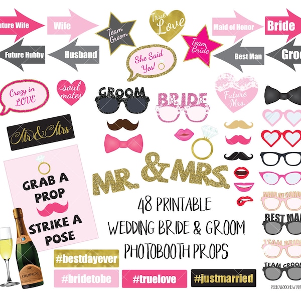 Wedding Photo Booth Props Bridal Shower Bachelorette Hen Engagement Party Digital Printable Photobooth Sign Bride Groom Mr Mrs Bride Groom