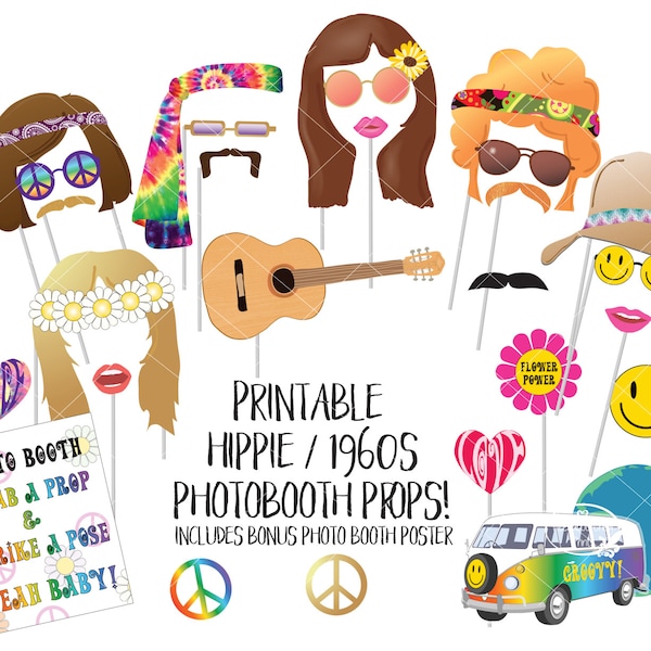 Hippie 1960s Photo Booth Props Sixties Printable Photobooth Sign Wedding Swinging 60s Flower Child Peace Love Woodstock Van Birthday Party