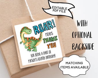 Thank You Favor Tags Favour Sticker Template EDITABLE PRINTABLE Dinosaur Dino-Mite Roar Means Thanks Party Birthday Baby Shower PCDRS