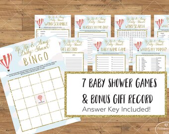 Baby Shower Games Package Activity SET Up Up Away Airplane Hot Air Balloon Gold Glitter Unisex Neutral Printable Gift Record Bingo WTAPPT