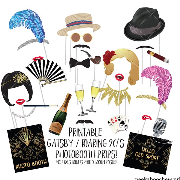 Great Gatsby Photo Booth Props Roaring 20s Twenties Printable Photobooth Sign Wedding Jazz Age Theme 1920s Flapper Hollywood Glamour Party