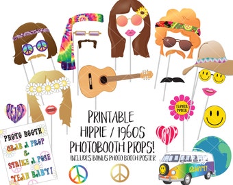 Hippie 1960s Photo Booth Props Sixties Printable Photobooth Sign Wedding Swinging 60s Flower Child Peace Love Woodstock Van Birthday Party