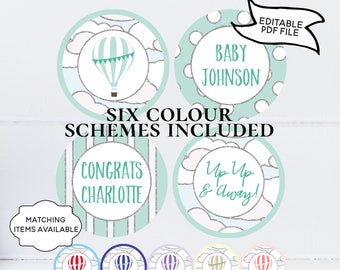 Hot Air Balloon Party Cupcake Toppers Editable Printable Pink Green Blue Yellow Grey Purple Gender Neutral Baby Shower Birthday WTAPPT