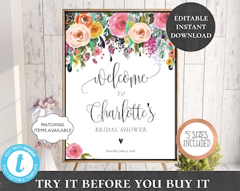 Bridal Shower Welcome Sign Baby Shower Birthday Anniversary Party Wedding Editable Printable Poster Garden Floral Peony DIY Template PCFDWS