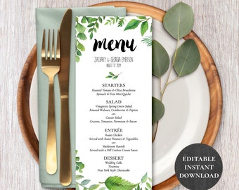 Hochzeit Dinner Menü Supper Greenery Food Küche Karte EDITIERBARE druckbare personalisierte Menü Vorlage Empfang Wild Botanical Kraft PCWBWS