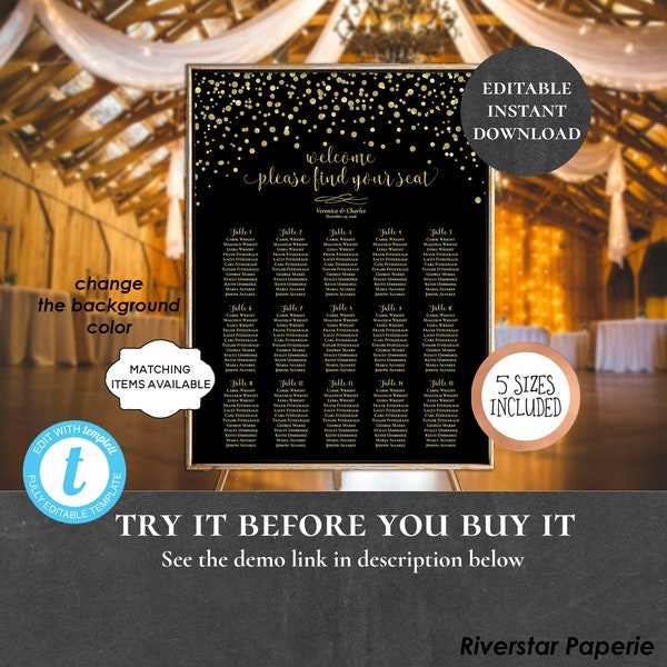 Wedding Seating Chart Table Assignment Poster Reception Dinner Table Name Board Find Your Seat Plan Confetti Black Gold Navy White PCGCWS