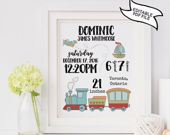 Baby Birth Stats Nursery Birth Announcement EDITABLE PRINTABLE Art Trains Boats Planes Transportation Digital Instant Download Baby Name