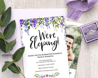 We Eloped Announcement EDITABLE PRINTABLE We're Eloping Reception Invite Photograph Personalized Rustic Garden Lilac Diy Boho Kraft PCPGWS