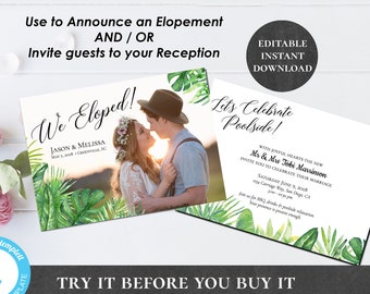 We Eloped Announcement EDITABLE PRINTABLE Photograph Tropical Garden Greenery Destination Elopement We're Eloping Reception Invite PCTGWS