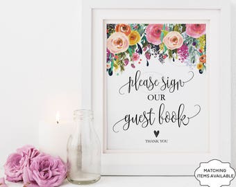Please Sign Our Guest Book Wedding Reception Table Sign Printable Guestbook Poster Garden Floral Peony Wedding Reception Decoration PCFDWS