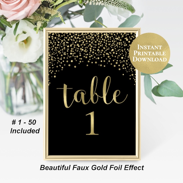 Table Number Signs Printable 5x7 Wedding Table Marker 1-50 Banquet Party Dinner Luncheon Benefit Table Identifier Black Gold Confetti PCGCWS