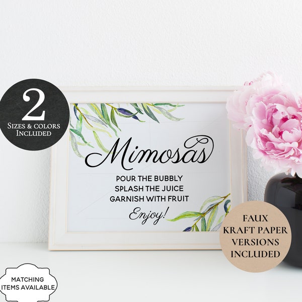 Mimosas Pour the Bubbly Splash the Juice Printable Bar Poster Willow Greenery 5x7 A5 8x10 Wedding Birthday Engagement Bridal Shower PCWLWS