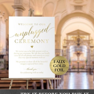 Unplugged Ceremony Welcome Sign EDITABLE PRINTABLE Poster Faux Gold Wedding Ceremony No Cell Phones No Cameras No Pictures Photos PCWDWS