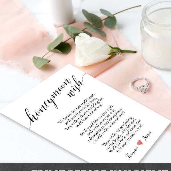Honeymoon Wish Poem Template Wedding Wish House fund Money Gift Poem Request Invitation Insert Editable Printable Minimalist Hearts PCWDWS