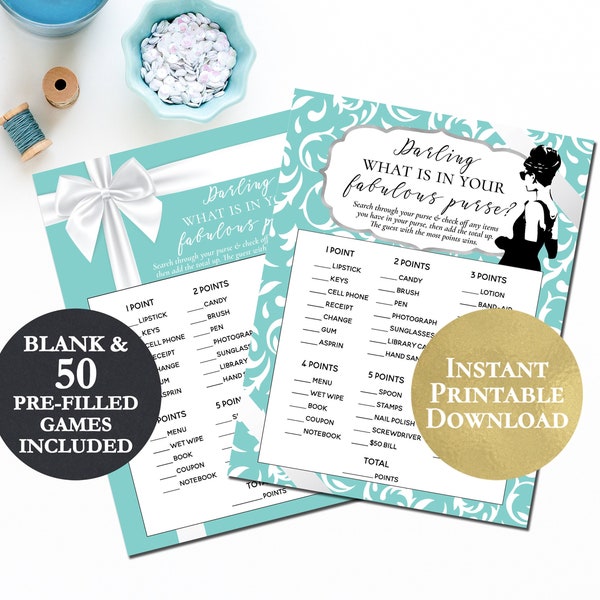 Bridal Shower What Is In Your Purse Bride & Co Instant Printable Download Breakfast at Tiffany's Bride Brunch Audrey Ribbon Bow Blue PCBTPS