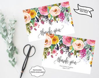 Thank You Card Personalized Wedding Template Floral Peony Colorful Wildflower Editable Printable DIY Thanx Thanks Foldable Tent Card PCFDWS