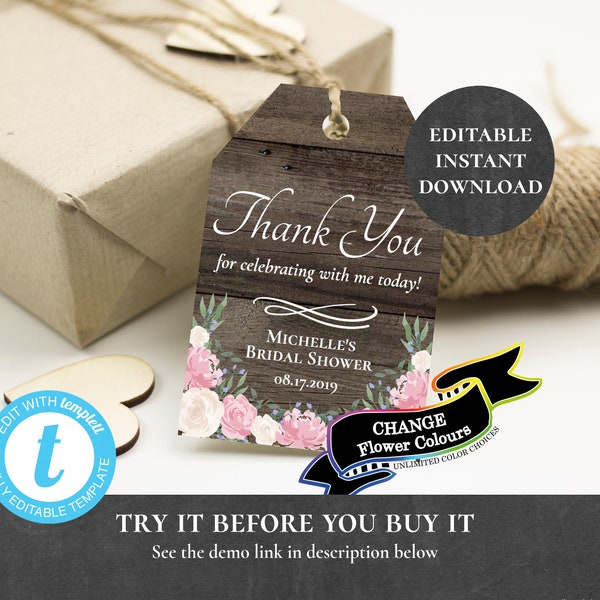Thank You Tags Editable Printable CHANGE FLOWER COLORs Pink Blue Ivory Teal Blush Wedding Baby Bridal Shower Anniversary Favour Favor PCRFWS