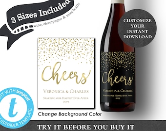 Cheers EDITABLE PRINTABLE Wine Label Champagne Mini Bottle Favor New Years Eve Engagement Wedding Black Navy White with Gold Confetti PCGCWS